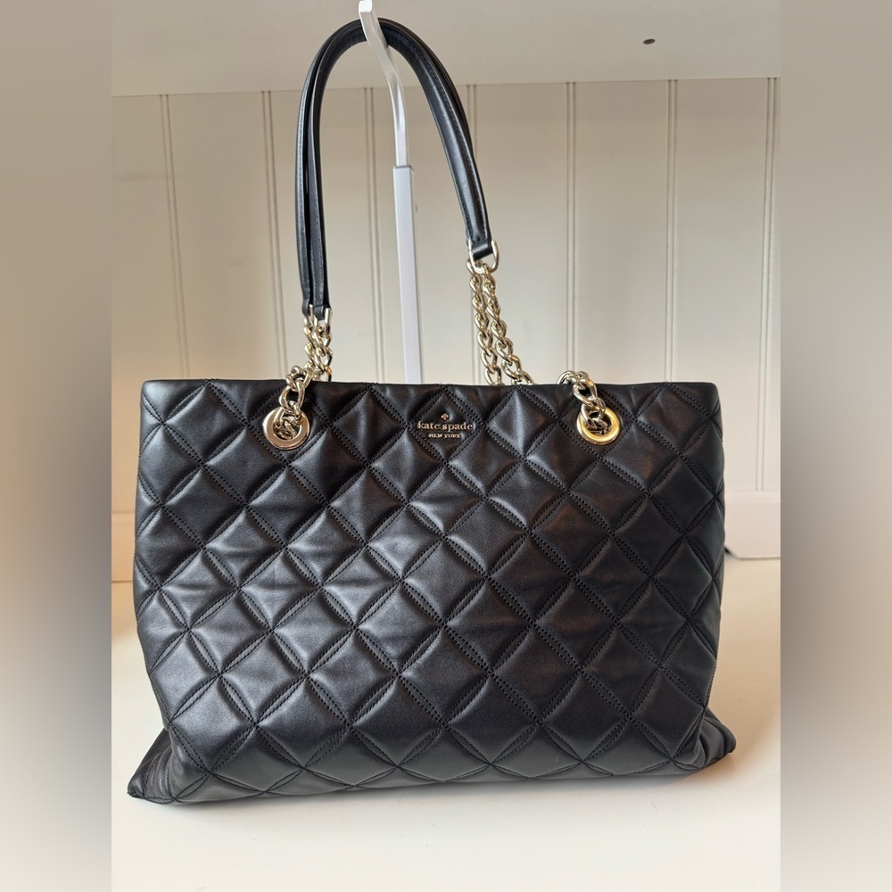 Kate Spade Women’s Black Quilted Leather Tote with Gold Chain Straps